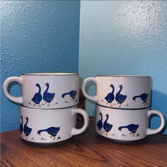 Vintage 80s Blue Goose Stacking Soup Mugs | Set of 4 - Picture 2 of 12